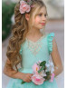 Seafoam Blue Tulle Gold Lace Corset Back Flower Girl Dress